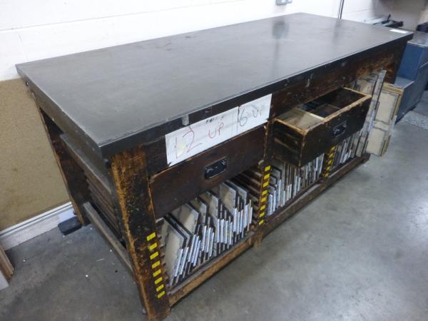 7' x 3' steel topped, 2 draw board storage unit