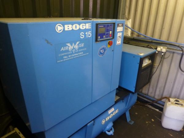 Boge SD 15/350 receiver mounted rotary screw air compressor s/n 5024109 (2008) with Tundra refrigeration air dryer, 16065 hours (A Method Statement and Risk Assessment must be reviewed and approved by the Auctioneer prior to any removal work commencing o