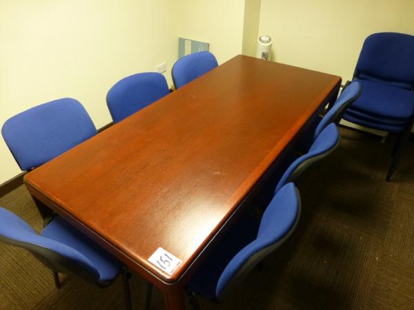 1950 mm x 900 mm mahogany effect meeting table with 10x blue twead upholstered side chairs