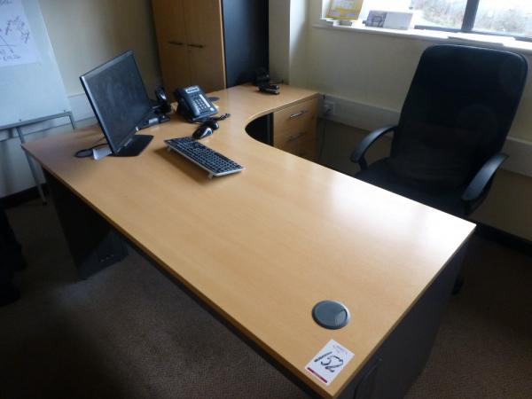 Furniture to private office 1 to include, 1800 mm x 1200 mm beech effect workstation with three draw pedestal, 1.7 m high beech effect double door cupboard, 730 mm high beech effect double door cupboard, Vickers brown/cream steel 4 draw filing cabinet, bl