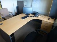 Furniture to private office 1 to include, 1800 mm x 1200 mm beech effect workstation with three draw pedestal, 1.7 m high beech effect double door cupboard, 730 mm high beech effect double door cupboard, Vickers brown/cream steel 4 draw filing cabinet, bl - 2