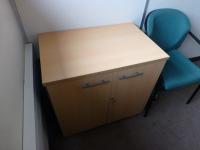 Furniture to private office 1 to include, 1800 mm x 1200 mm beech effect workstation with three draw pedestal, 1.7 m high beech effect double door cupboard, 730 mm high beech effect double door cupboard, Vickers brown/cream steel 4 draw filing cabinet, bl - 6