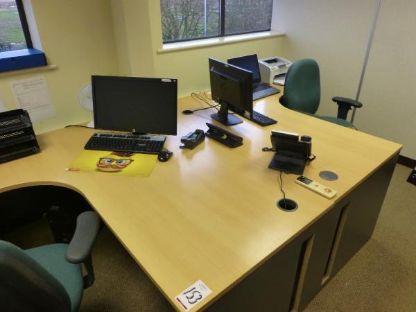 Furniture to private office 2 to include 2x (1800 mm x 1200 mm) beech effect workstations with 2x three draw pedestals, 1.7 m high beech effect double door cupboard, 730 mm high beech effect double door cupboard and 2x green twead swivel arm chairs