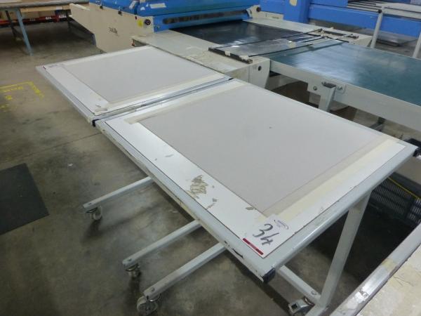 2x (760 mm x 640 mm) steel framed work trollies, closed height 1040 mm