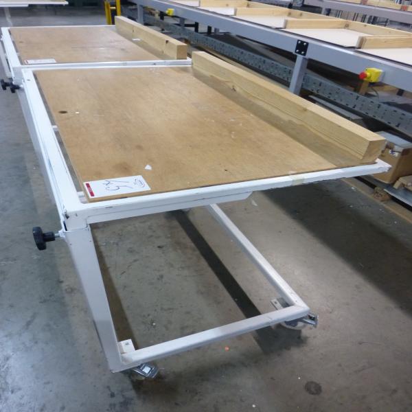 2x (650 mm x 990 mm) steel framed adjustable height mobile work tables, 900 mm closed height