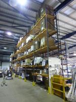8 bays Dexion speedlock pallet racking comprising 9x (6 m x 1200 mm) end frames, 58x (2200 mm x 45 mm x 100 mm) beams, wooden slat shelving and 9x base protectors (A Method Statement and Risk Assessment must be reviewed and approved by the Auctioneer pri