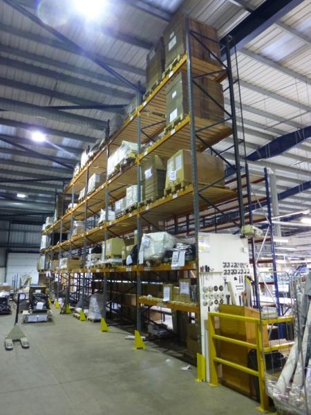 8 bays Dexion speedlock pallet racking comprising 9x (6 m x 1200 mm) end frames, 58x (2200 mm x 45 mm x 100 mm) beams, wooden slat shelving and 9x base protectors (A Method Statement and Risk Assessment must be reviewed and approved by the Auctioneer pri