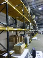 11 bays Link 51 H pallet racking comprising 14x (5 m x 1100 mm) end frames (avg), 84x (2.44 m x 50 mm x 85 mm) beams, wooden and chipboard shelving, 14x base protectors (A Method Statement and Risk Assessment must be reviewed and approved by the Auctione