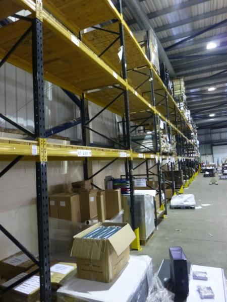 11 bays Link 51 H pallet racking comprising 14x (5 m x 1100 mm) end frames (avg), 84x (2.44 m x 50 mm x 85 mm) beams, wooden and chipboard shelving, 14x base protectors (A Method Statement and Risk Assessment must be reviewed and approved by the Auctione
