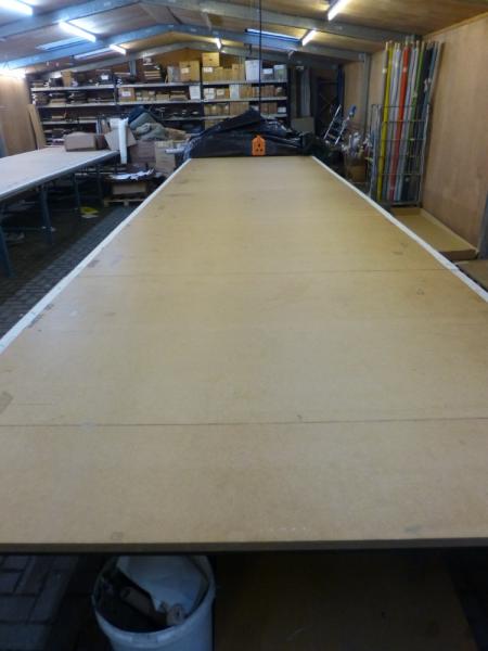 11370 mm x 1880 mm x 850 mm steel framed 2 section layup table
