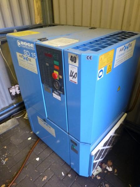 Boge Ratiotronic SD 15 rotary screw air compressor, s/n 39895, 33759 hours (A Method Statement and Risk Assessment must be reviewed and approved by the Auctioneer prior to any removal work commencing on this lot.)