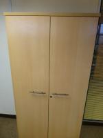 Furniture to private office 2 to include 2x (1800 mm x 1200 mm) beech effect workstations with 2x three draw pedestals, 1.7 m high beech effect double door cupboard, 730 mm high beech effect double door cupboard and 2x green twead swivel arm chairs - 4