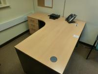1600 mm x 1200 mm beech effect workstation with 2x 3 draw pedestals and matching 1.7 m high double door cupboard