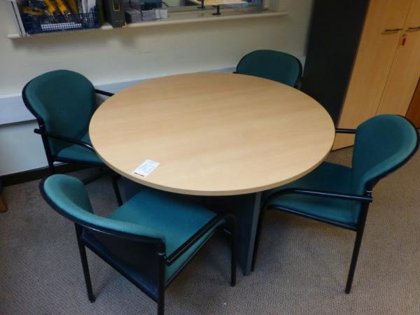1.2 m diameter beech effect circular table with 5x green twead upholstered steel framed arm chairs