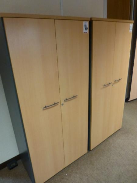 3x 1.7 m high beech effect double door cupboard and a matching 730 mm high double door cupboard