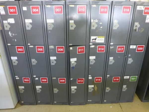 7x three compartment steel personal lockers (lockers 1 to 21). No keys