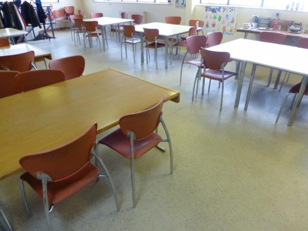 Canteen furniture to include, 9x melanie canteen tables, 2x veneered tables, 1x veneered cantilever table and 40x plastic chrome framed dining chairs